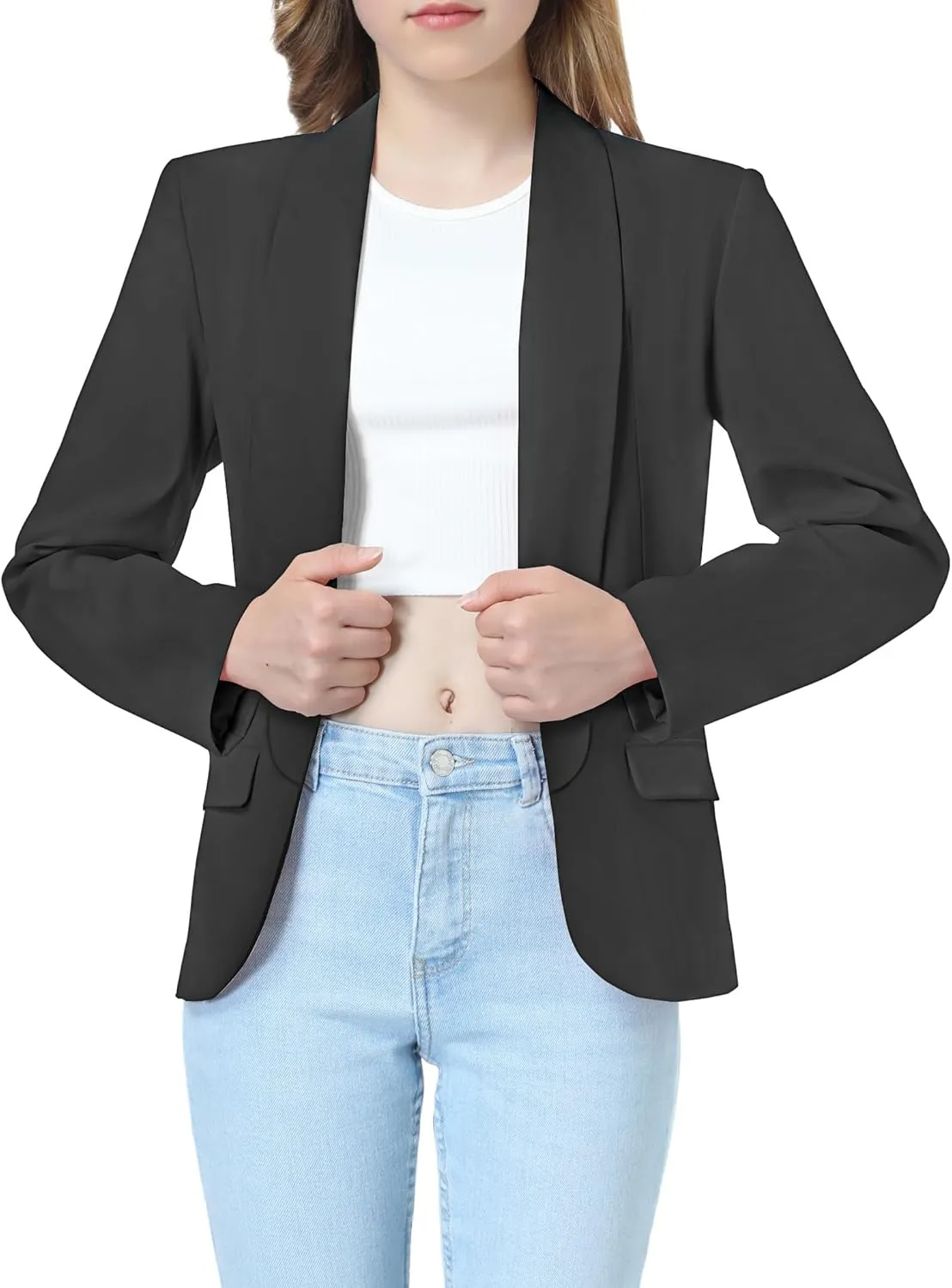 Mebius Girls Blazer Jacket Long Sleeve Shawl Collar Open Front Formal Blazers Suit Inner Pocket for Kids Size 6-12 Year