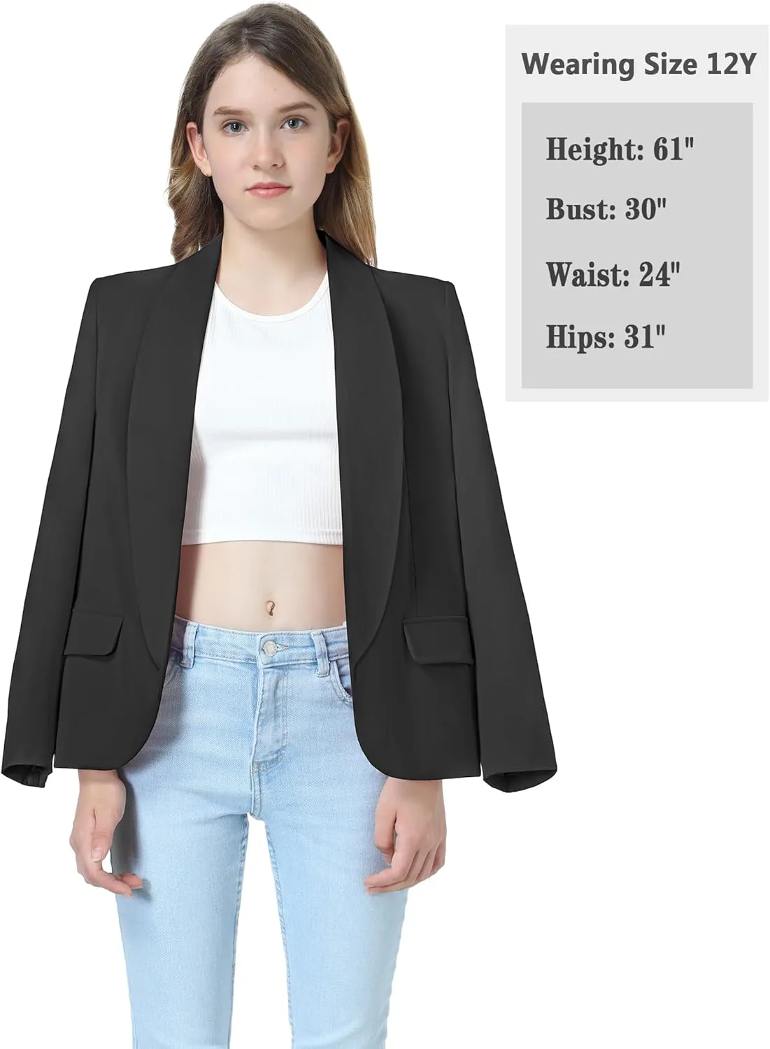 Mebius Girls Blazer Jacket Long Sleeve Shawl Collar Open Front Formal Blazers Suit Inner Pocket for Kids Size 6-12 Year