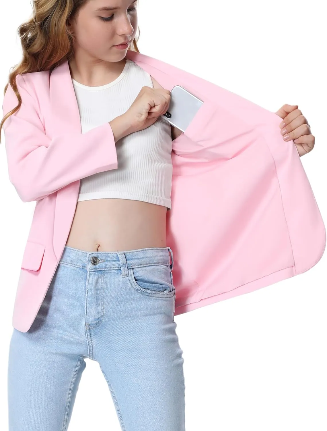 Mebius Girls Blazer Jacket Long Sleeve Shawl Collar Open Front Formal Blazers Suit Inner Pocket for Kids Size 6-12 Year