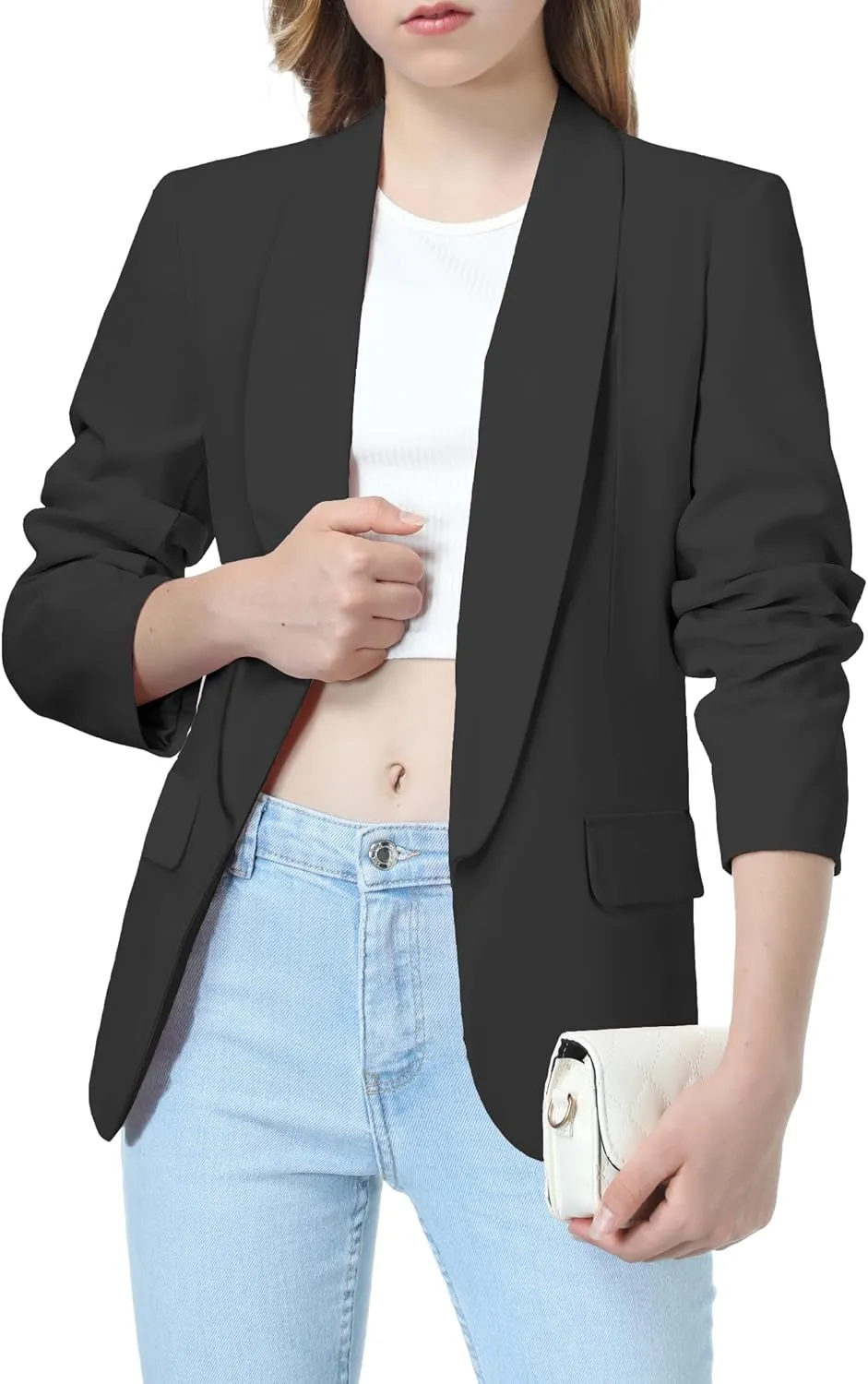 Mebius Girls Blazer Jacket Long Sleeve Shawl Collar Open Front Formal Blazers Suit Inner Pocket for Kids Size 6-12 Year