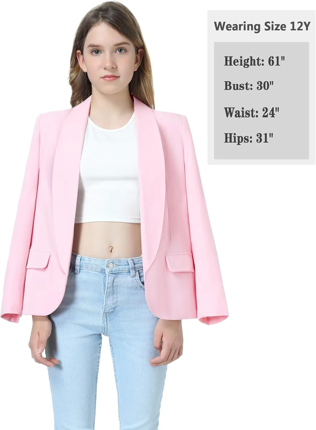 Mebius Girls Blazer Jacket Long Sleeve Shawl Collar Open Front Formal Blazers Suit Inner Pocket for Kids Size 6-12 Year