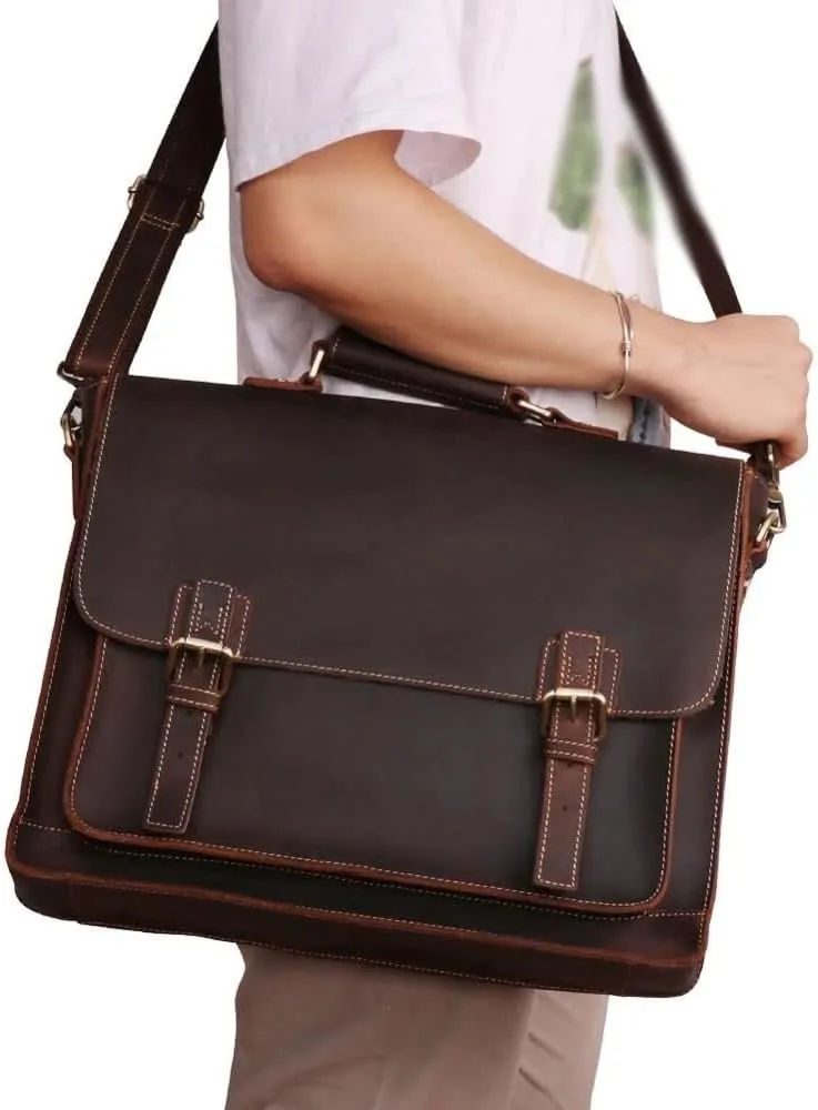 Men's Handbag Crazy Horse Leather Tote Shoulder Bag Leather Briefcase (A One Size)