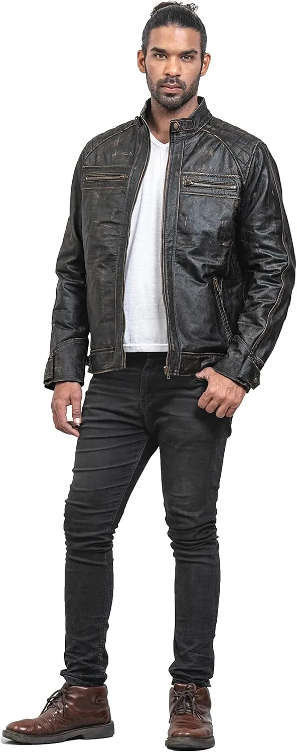 Mens Skull & Bones Black Distressed Leather Vintage Motorcycle Cowhide Jacket