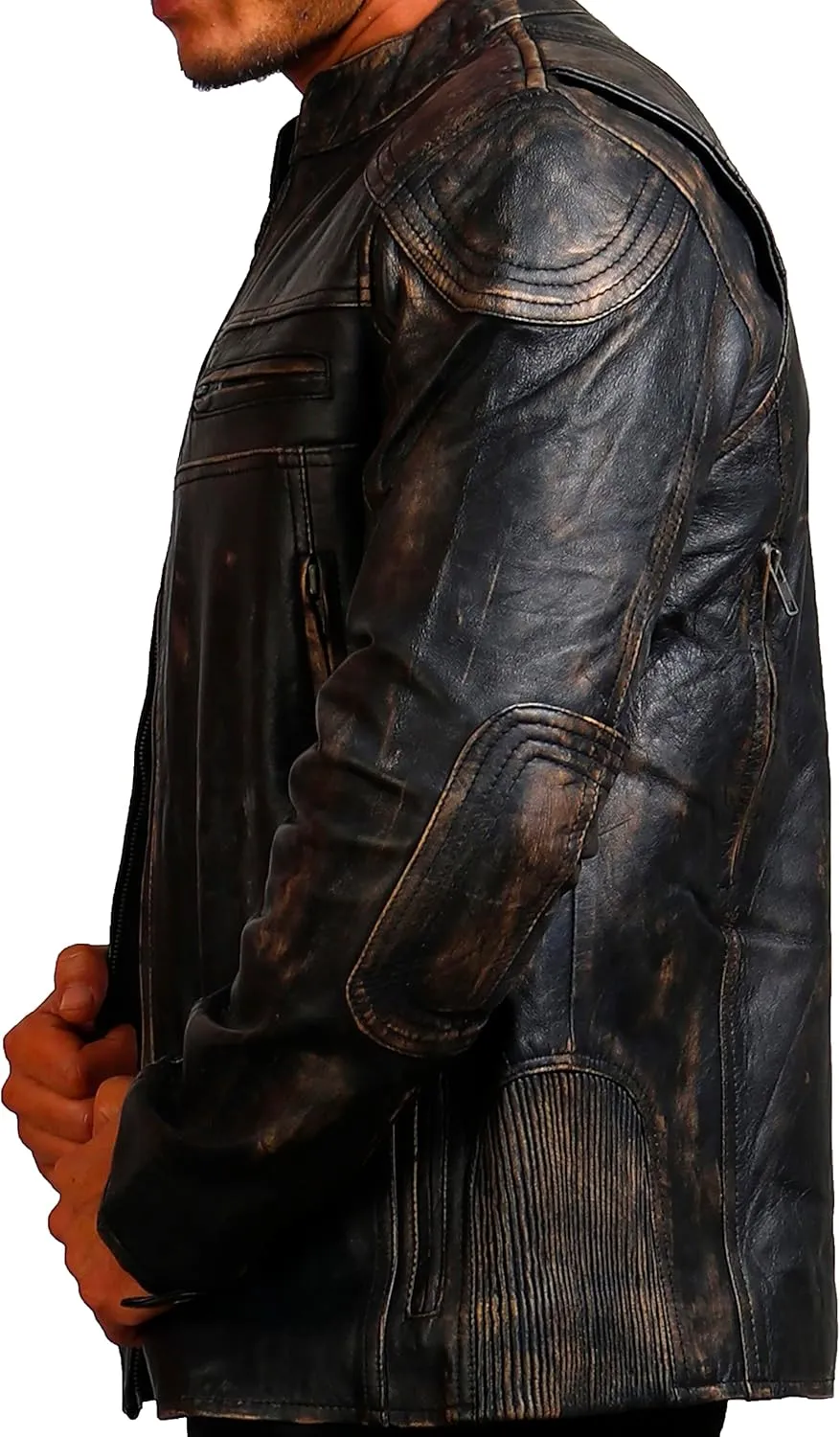 Mens Skull & Bones Black Distressed Leather Vintage Motorcycle Cowhide Jacket