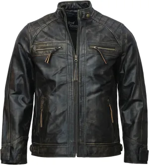Mens Skull & Bones Black Distressed Leather Vintage Motorcycle Cowhide Jacket