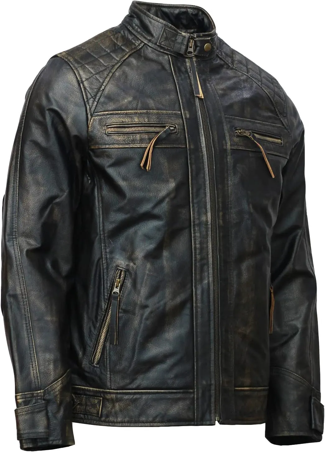 Mens Skull & Bones Black Distressed Leather Vintage Motorcycle Cowhide Jacket