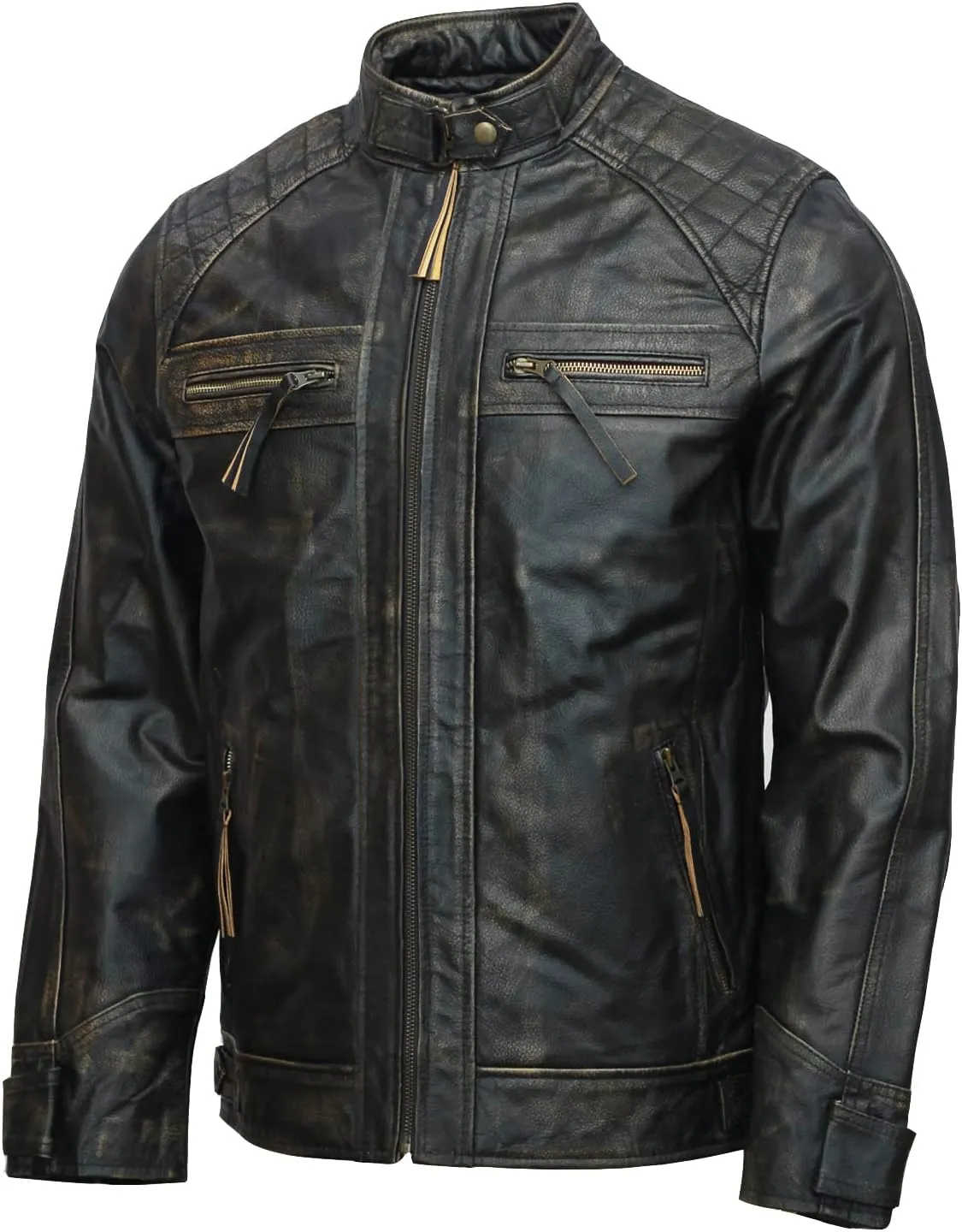 Mens Skull & Bones Black Distressed Leather Vintage Motorcycle Cowhide Jacket