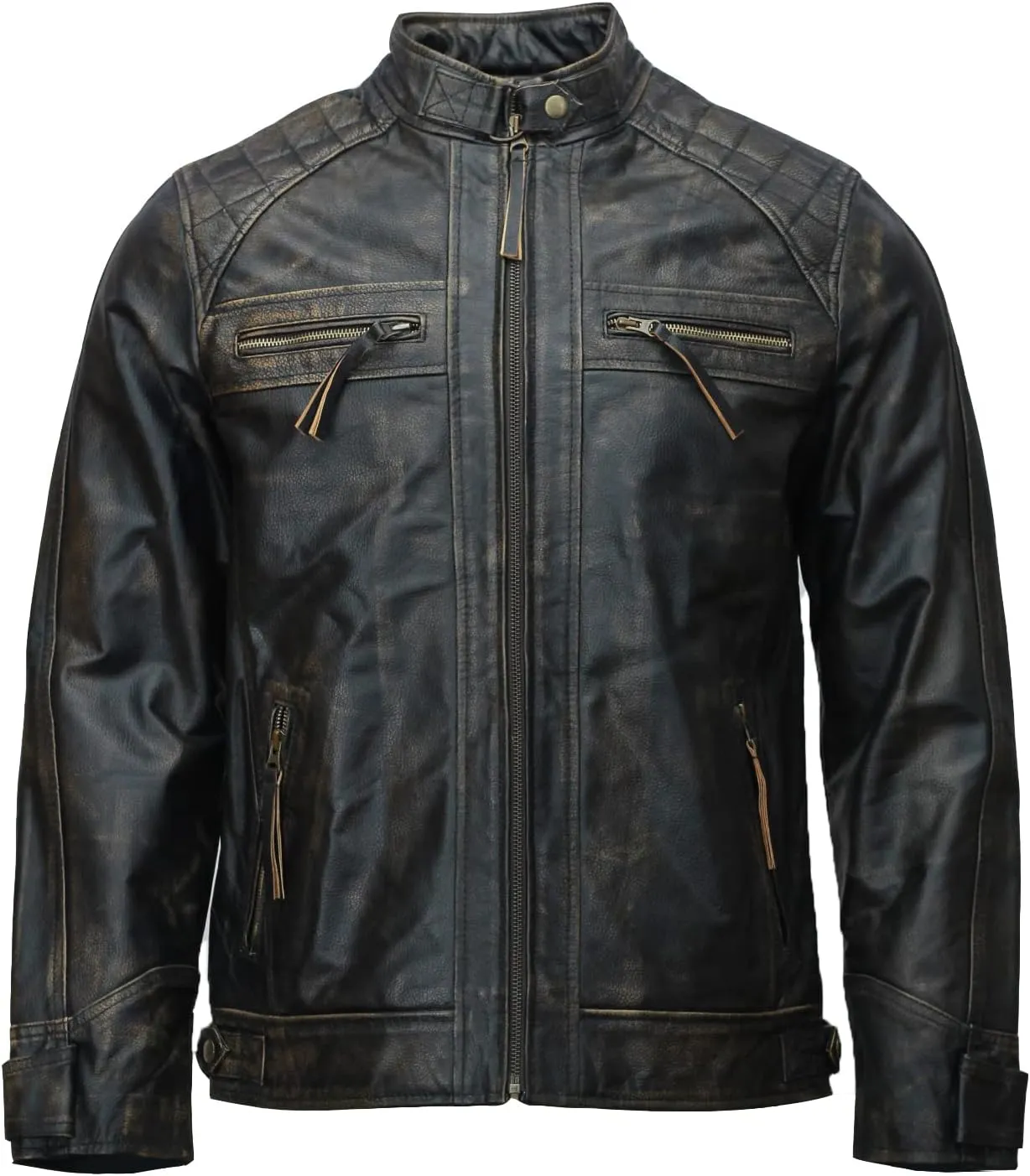 Mens Skull & Bones Black Distressed Leather Vintage Motorcycle Cowhide Jacket