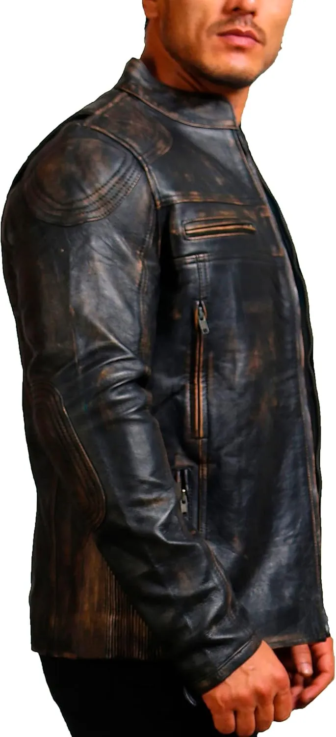 Mens Skull & Bones Black Distressed Leather Vintage Motorcycle Cowhide Jacket