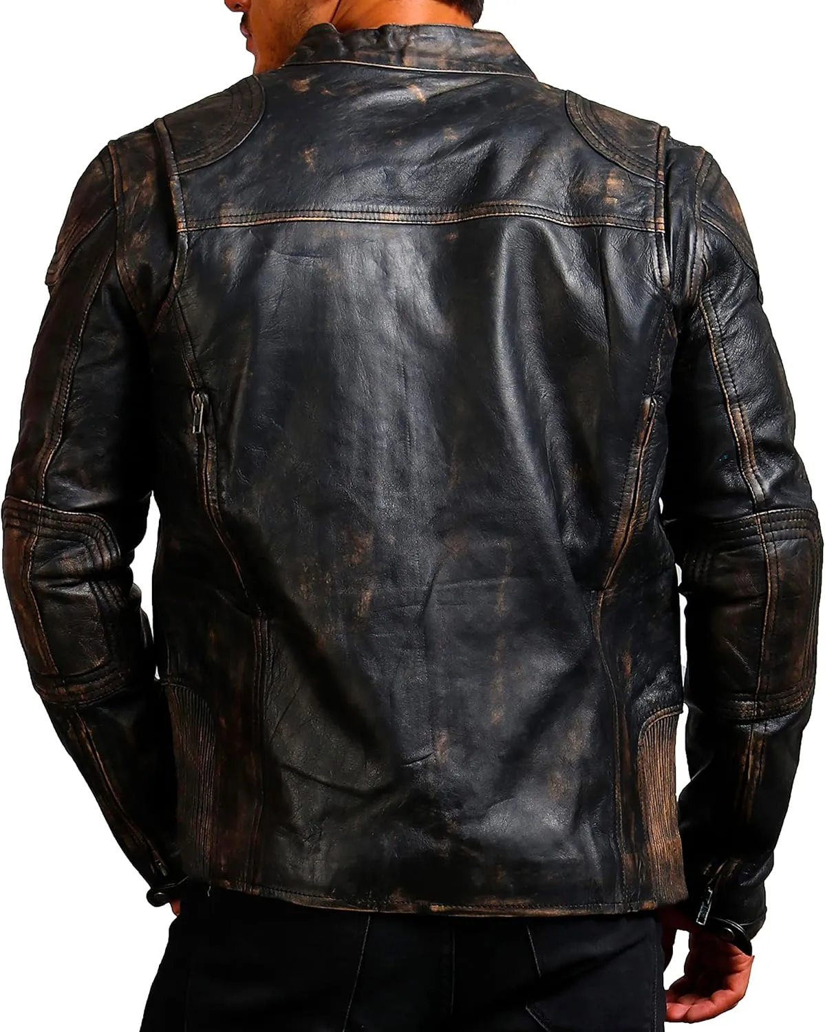 Mens Skull & Bones Black Distressed Leather Vintage Motorcycle Cowhide Jacket