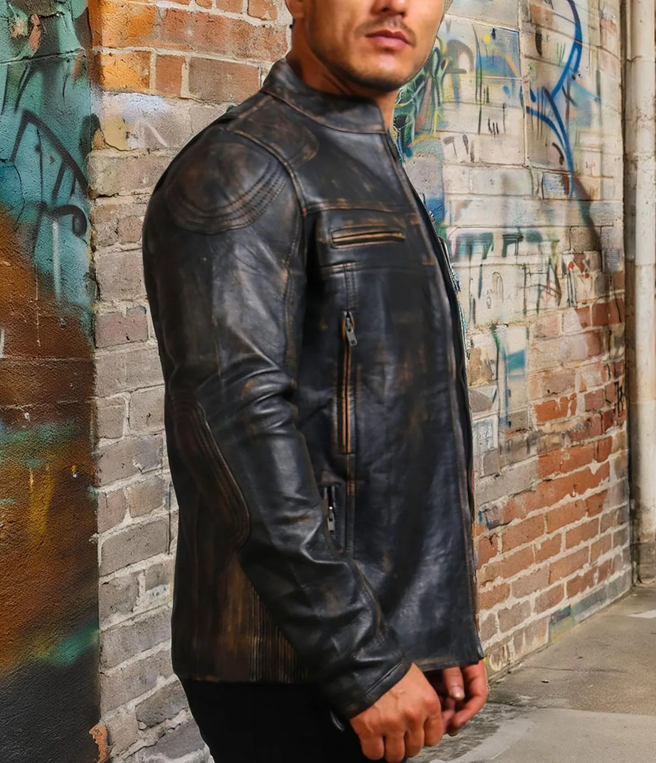 Mens Skull & Bones Black Distressed Leather Vintage Motorcycle Cowhide Jacket