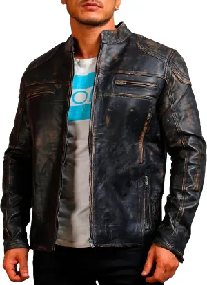 Mens Skull & Bones Black Distressed Leather Vintage Motorcycle Cowhide Jacket
