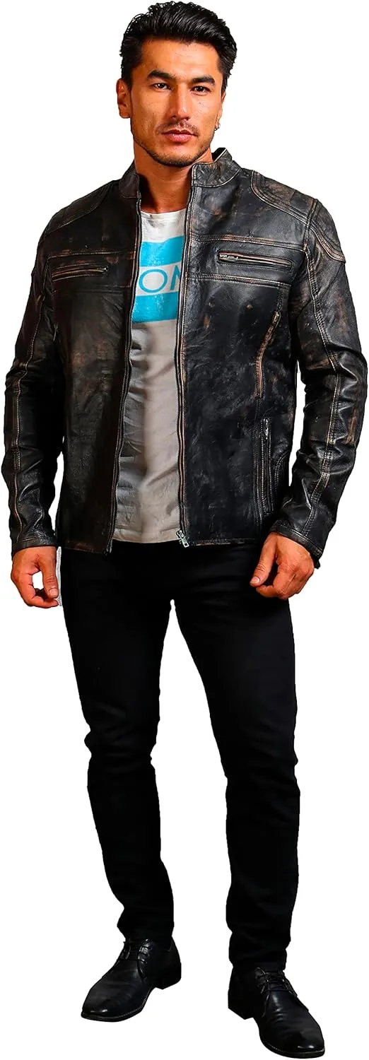Mens Skull & Bones Black Distressed Leather Vintage Motorcycle Cowhide Jacket
