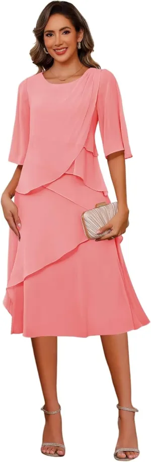 Miao Duo Short Sleeves Tea Length Mother of The Bride Dresses for Women Ruffle Chiffon Formal Dress YZTS235