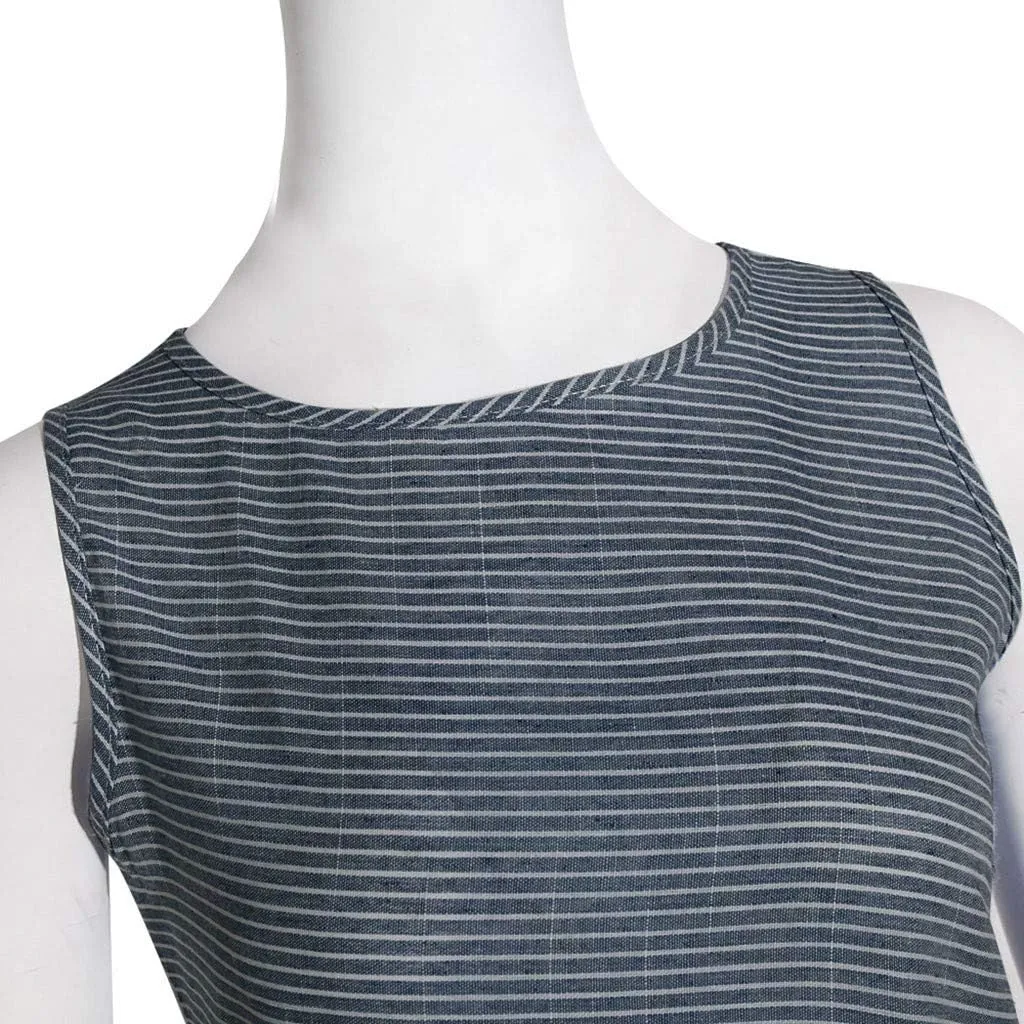 Midi Dress Flowy Slit Dresses for Women Going Out A Line Casual Sundress Striped Sleeveless Linen with Pockets