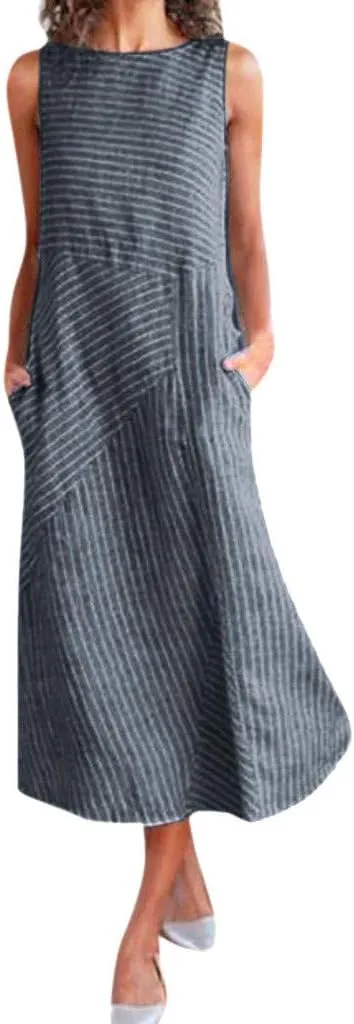 Midi Dress Flowy Slit Dresses for Women Going Out A Line Casual Sundress Striped Sleeveless Linen with Pockets