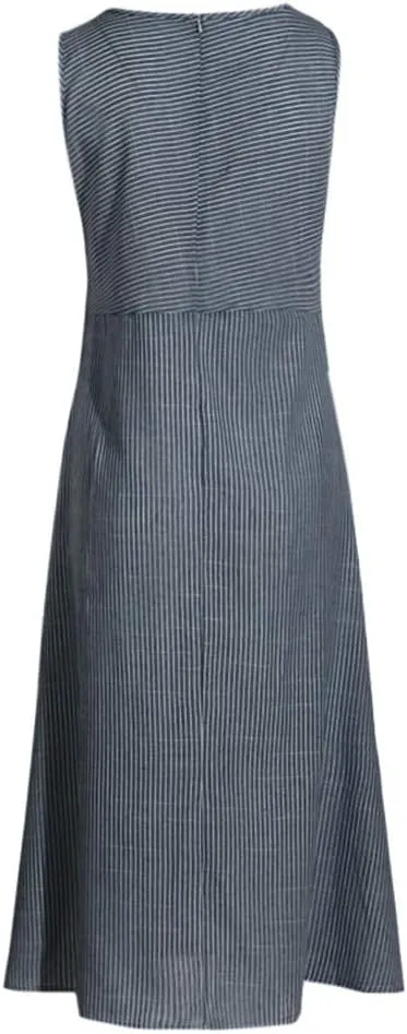 Midi Dress Flowy Slit Dresses for Women Going Out A Line Casual Sundress Striped Sleeveless Linen with Pockets