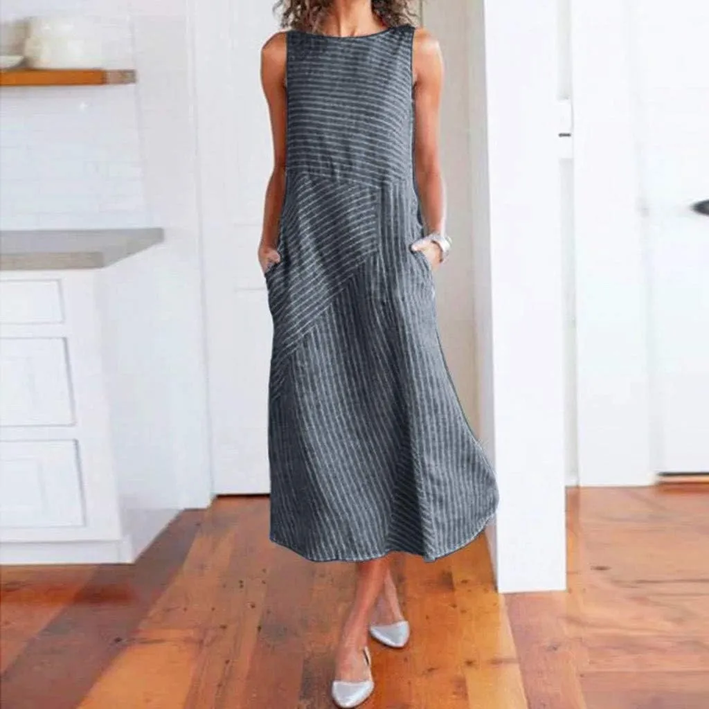 Midi Dress Flowy Slit Dresses for Women Going Out A Line Casual Sundress Striped Sleeveless Linen with Pockets