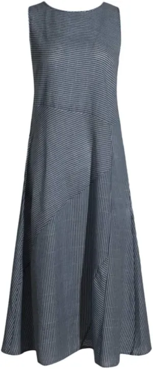 Midi Dress Flowy Slit Dresses for Women Going Out A Line Casual Sundress Striped Sleeveless Linen with Pockets