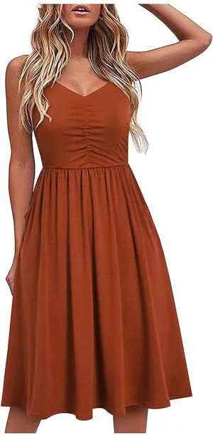 Midi Dresses for Women 2025 Summer Sleeveless V Neck Spaghetti Strap Beach Dress Casual Loose Swing Cute Sundresses