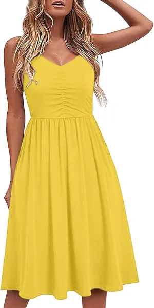 Midi Dresses for Women 2025 Summer Sleeveless V Neck Spaghetti Strap Beach Dress Casual Loose Swing Cute Sundresses