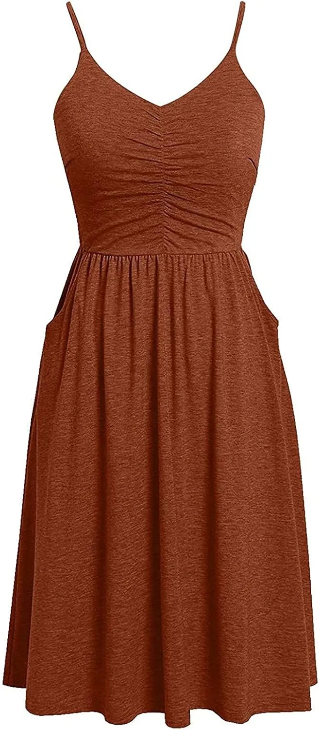 Midi Dresses for Women 2025 Summer Sleeveless V Neck Spaghetti Strap Beach Dress Casual Loose Swing Cute Sundresses