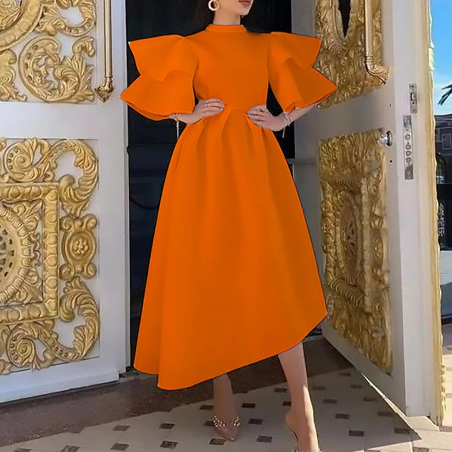 Midi Dresses for Women Casual Boho Flare Sleeve Asymmetrical Hem Dress Fall Fashion Club Party Dresses Trendy Clothes