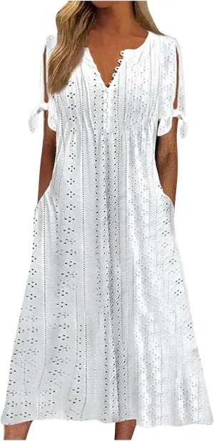 Midi Dresses for Women Wedding Guest Sexy V Neck Cold Shoulder Trendy Plus Size Button Up Short Sleeve Summer Dress