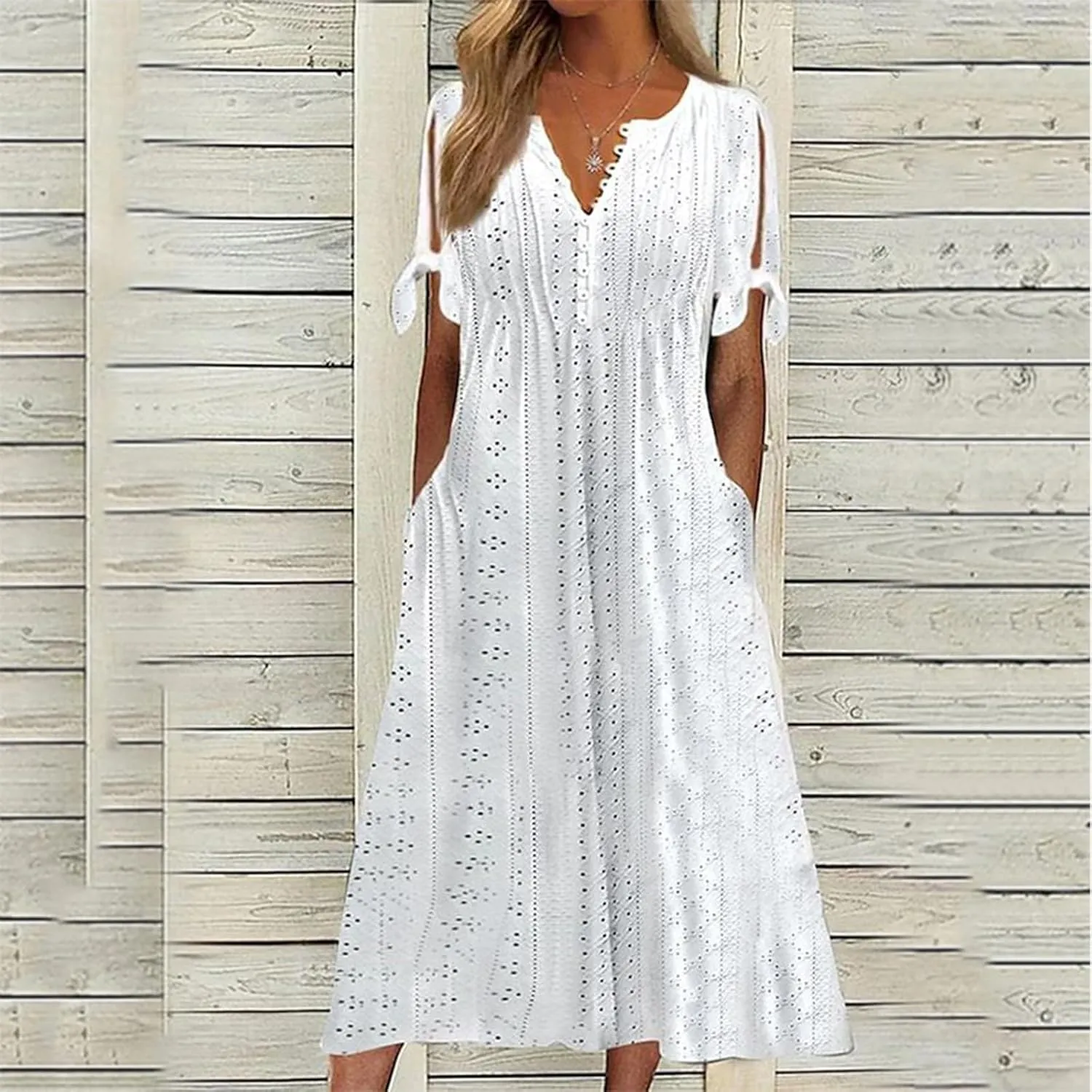 Midi Dresses for Women Wedding Guest Sexy V Neck Cold Shoulder Trendy Plus Size Button Up Short Sleeve Summer Dress