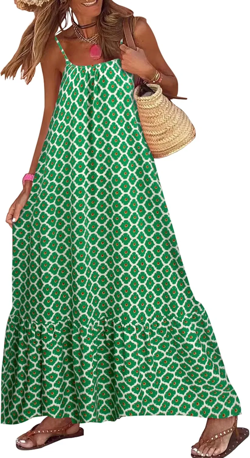 miduo Womens Summer Bohemian Pattern Spaghetti Straps Sleeveless Casual Maxi Long Dresses