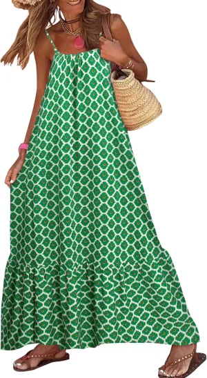 miduo Womens Summer Bohemian Pattern Spaghetti Straps Sleeveless Casual Maxi Long Dresses
