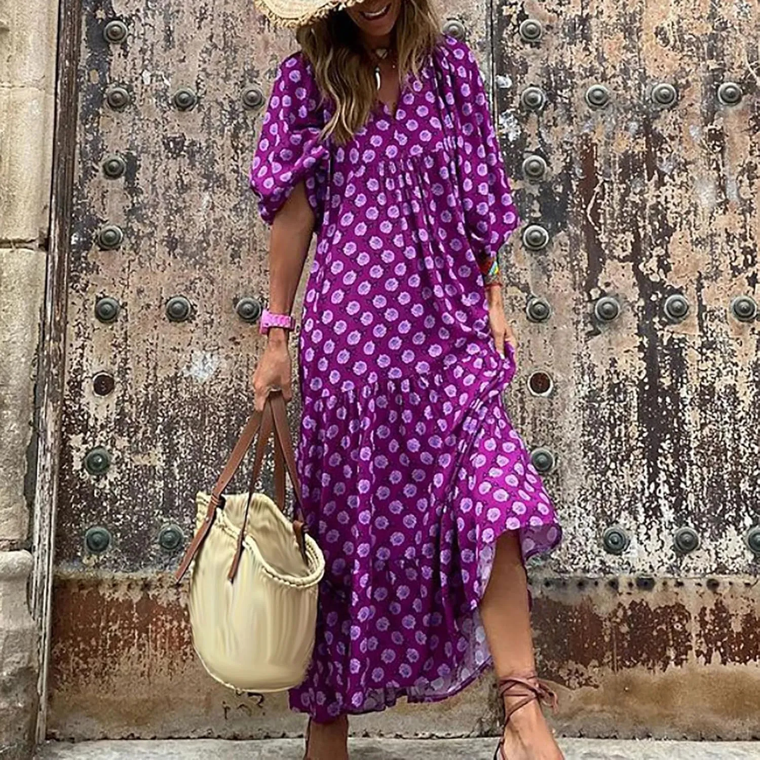 Milk Maid Dress for Women 2025 Floral Print Puff Sleeve Short Sleeve Maxi Dress with Elastic Waist Summer Casual Outfit