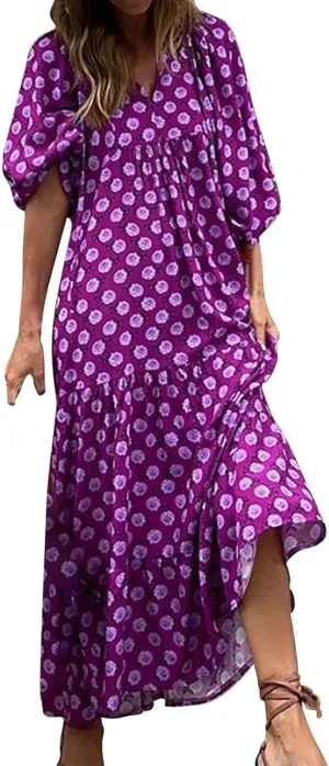 Milk Maid Dress for Women 2025 Floral Print Puff Sleeve Short Sleeve Maxi Dress with Elastic Waist Summer Casual Outfit