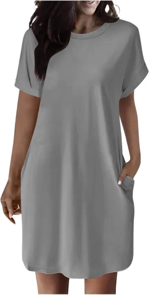 Mini Dress for Women Beach Vacation Pocket Mini Dresses for Women with Short Sleeves Summer Casual Loose Wrap Dress