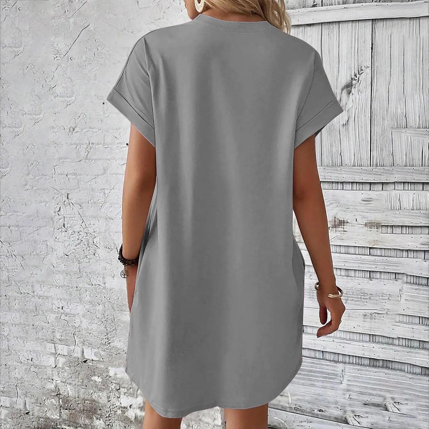 Mini Dress for Women Beach Vacation Pocket Mini Dresses for Women with Short Sleeves Summer Casual Loose Wrap Dress