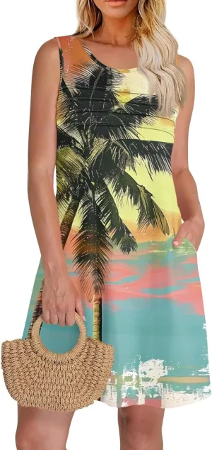Mini Dresses for Women Pleated Floral Printed Tank Dress Trendy Hawaiian Sun Dresses Casual Beach Summer Sundress