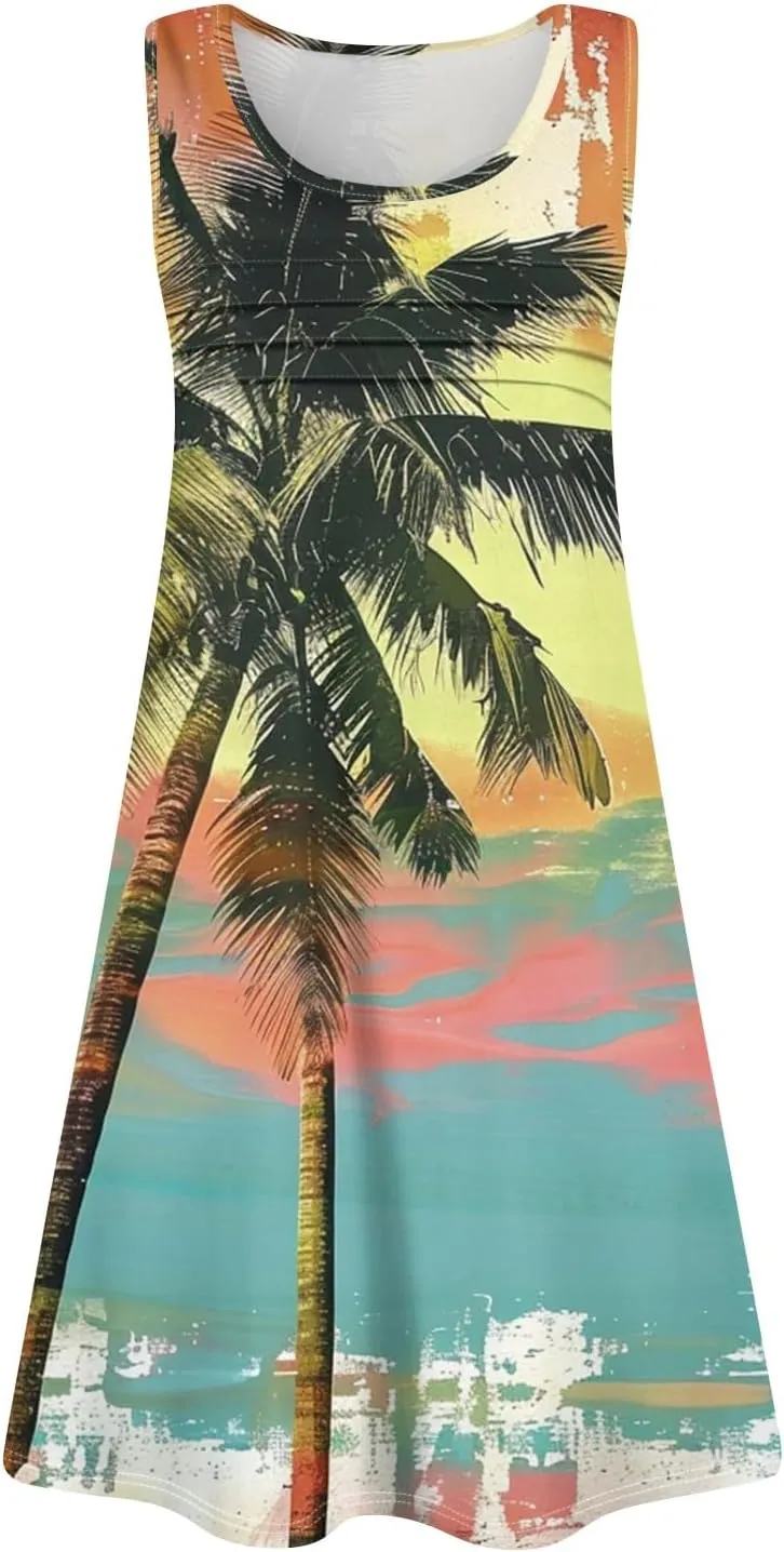Mini Dresses for Women Pleated Floral Printed Tank Dress Trendy Hawaiian Sun Dresses Casual Beach Summer Sundress