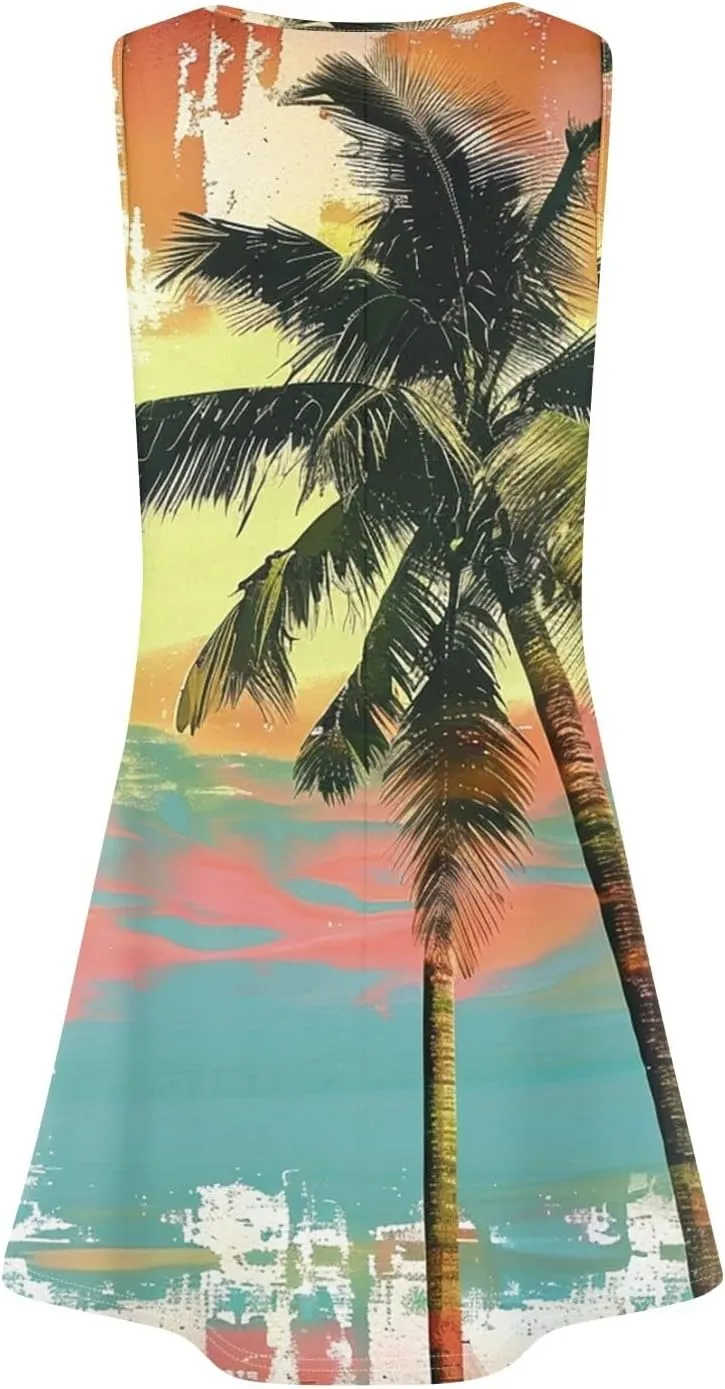 Mini Dresses for Women Pleated Floral Printed Tank Dress Trendy Hawaiian Sun Dresses Casual Beach Summer Sundress