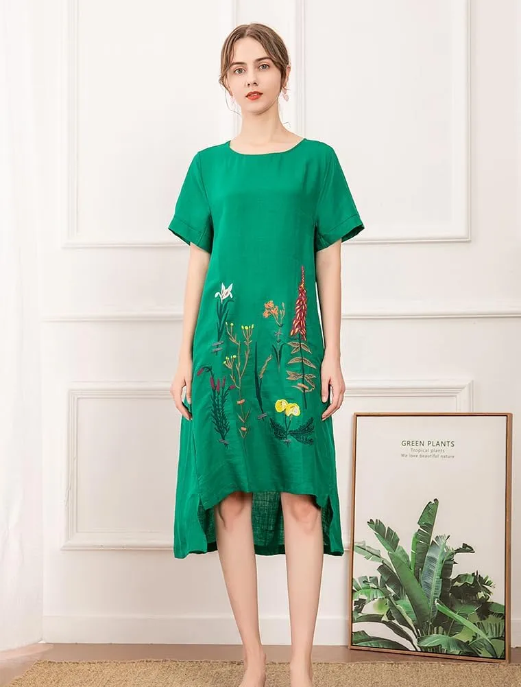 Minibee Women's Embroidered Linen Dress Summer A-Line Sundress Hi Low Tunic Clothing