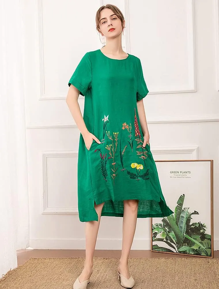 Minibee Women's Embroidered Linen Dress Summer A-Line Sundress Hi Low Tunic Clothing