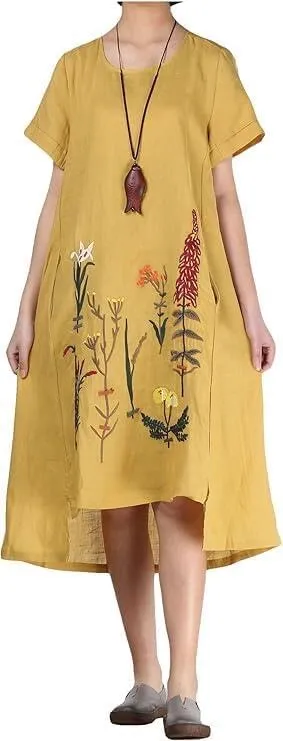 Minibee Women's Embroidered Linen Dress Summer A-Line Sundress Hi Low Tunic Clothing