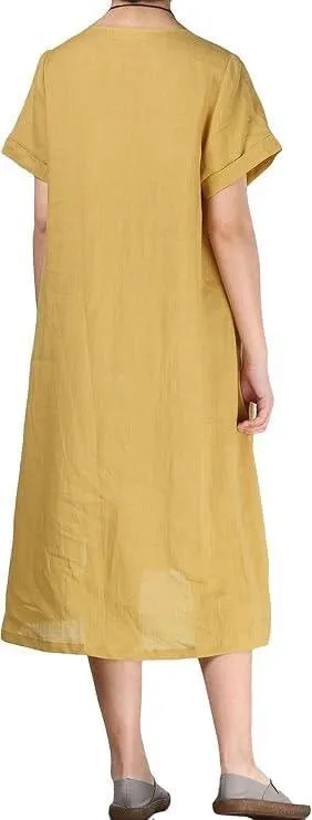 Minibee Women's Embroidered Linen Dress Summer A-Line Sundress Hi Low Tunic Clothing