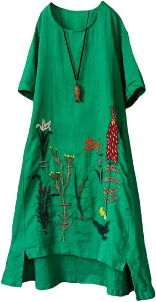 Minibee Women's Embroidered Linen Dress Summer A-Line Sundress Hi Low Tunic Clothing