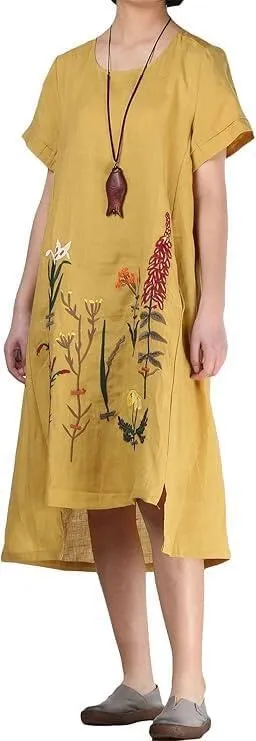 Minibee Women's Embroidered Linen Dress Summer A-Line Sundress Hi Low Tunic Clothing