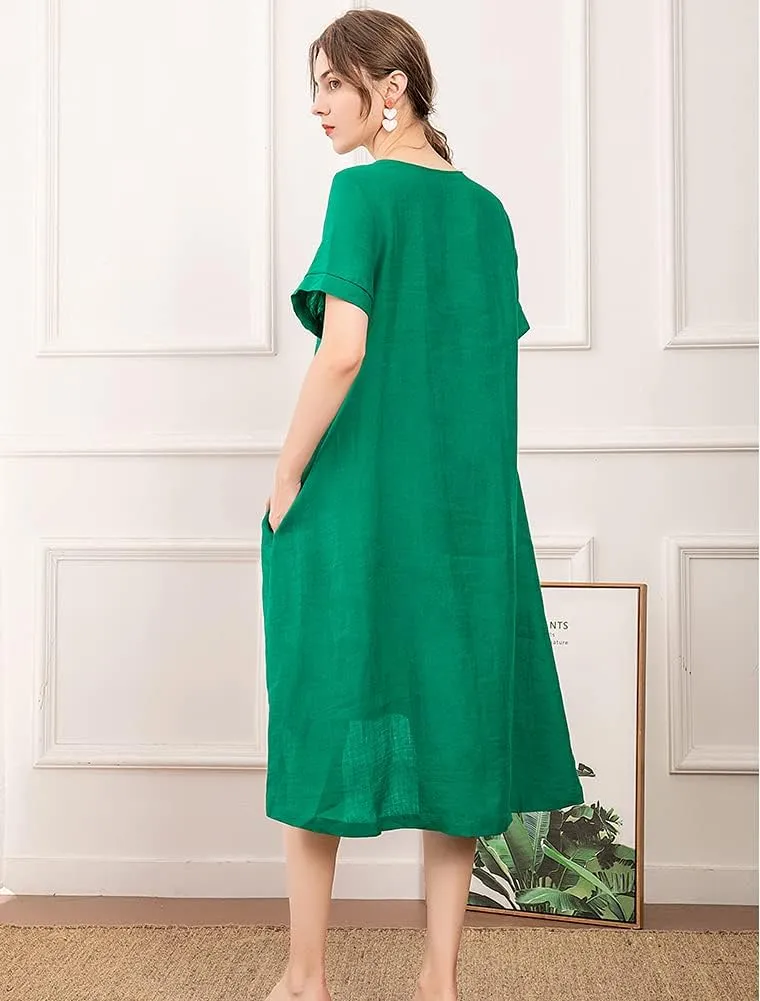 Minibee Women's Embroidered Linen Dress Summer A-Line Sundress Hi Low Tunic Clothing