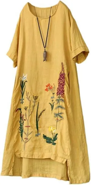Minibee Women's Embroidered Linen Dress Summer A-Line Sundress Hi Low Tunic Clothing
