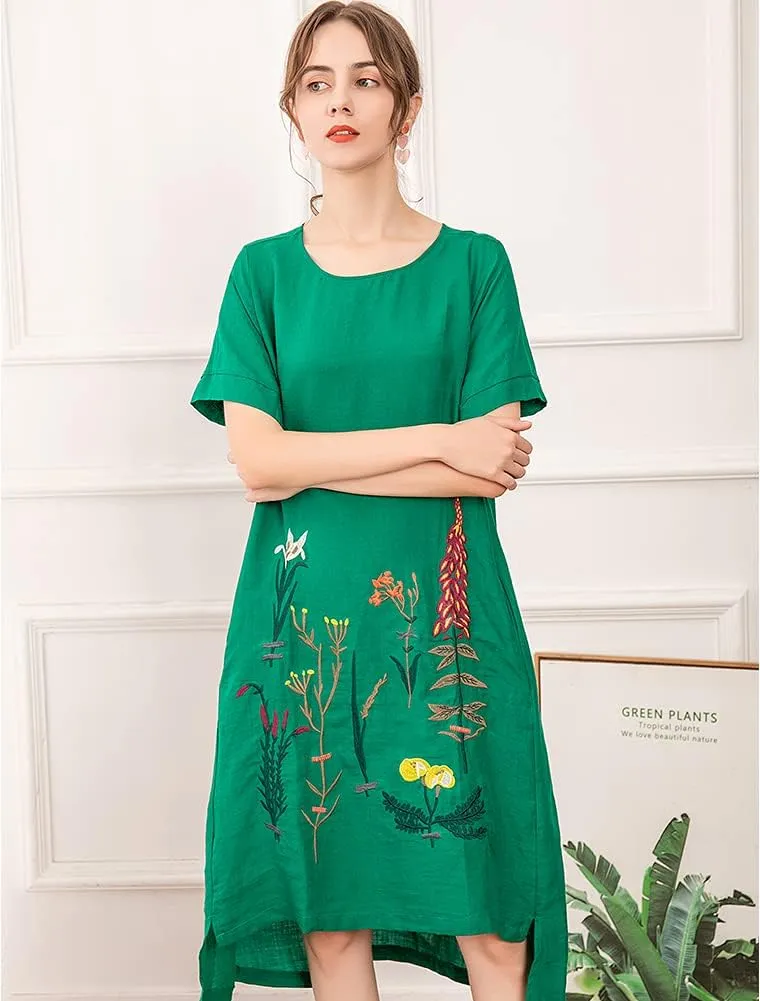 Minibee Women's Embroidered Linen Dress Summer A-Line Sundress Hi Low Tunic Clothing