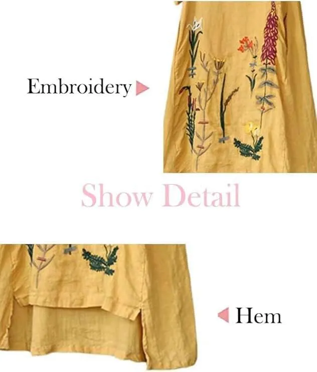 Minibee Women's Embroidered Linen Dress Summer A-Line Sundress Hi Low Tunic Clothing