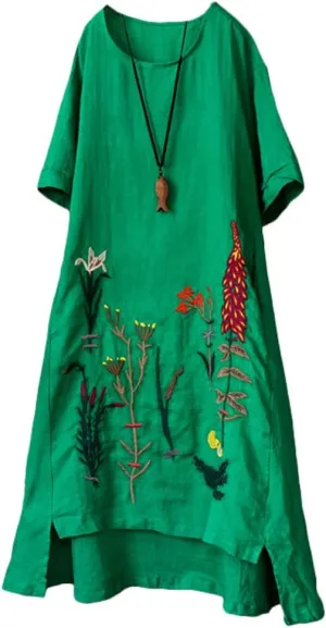 Minibee Women's Embroidered Linen Dress Summer A-Line Sundress Hi Low Tunic Clothing