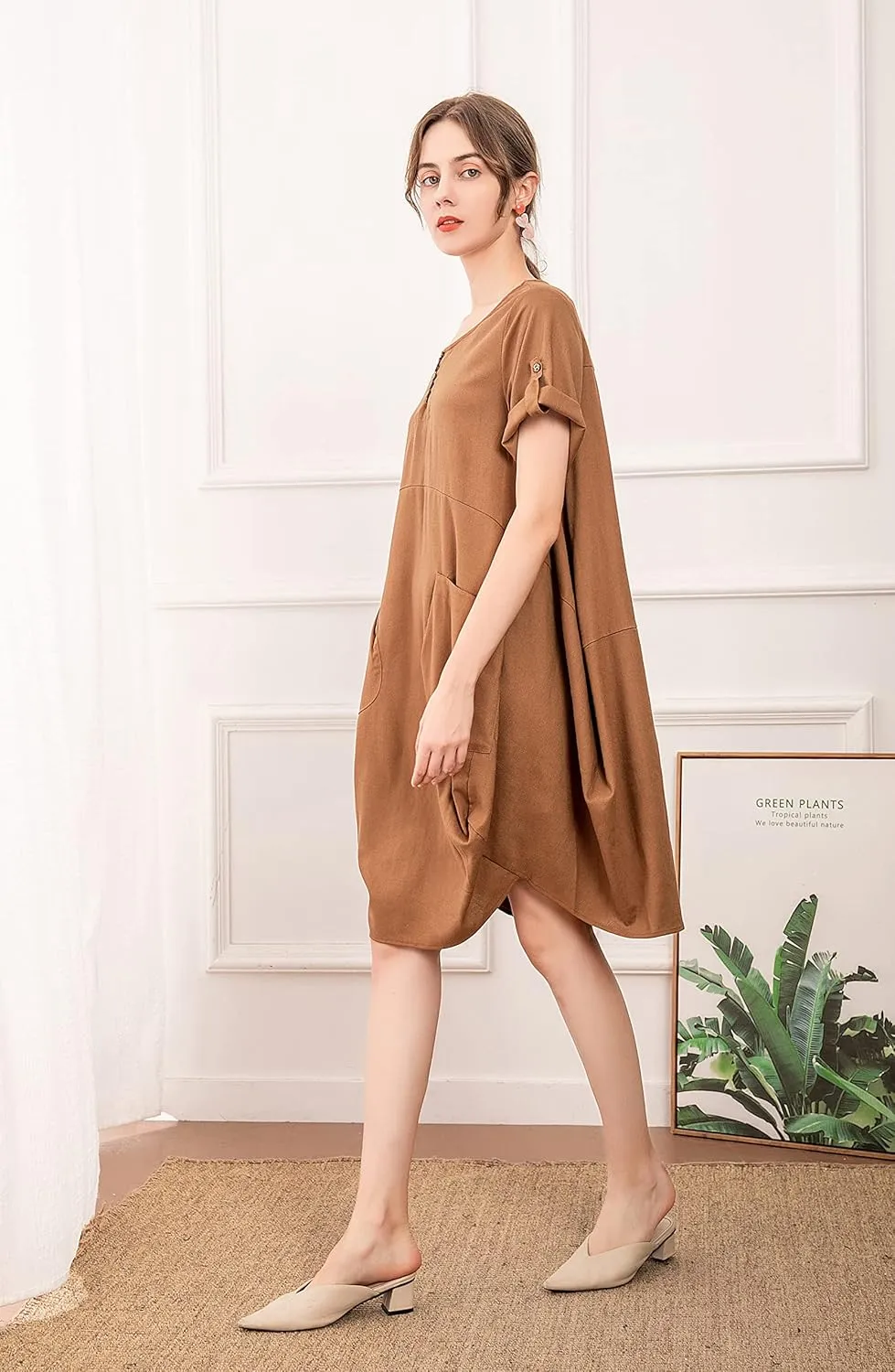 Minibee Women's Ruffle Oversize Casual Midi Dresses with Pockets